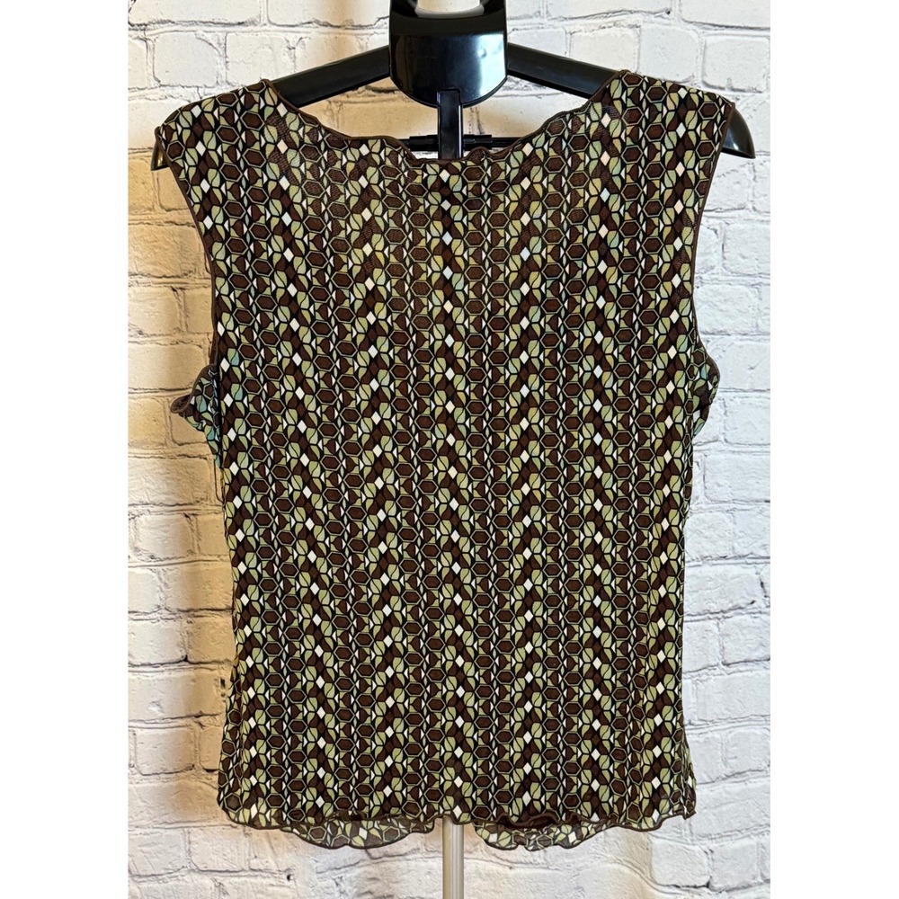 Max Edition Womens XL Brown Green Geometric Mesh Ruched V-Neck Shell Top - Picture 2 of 3